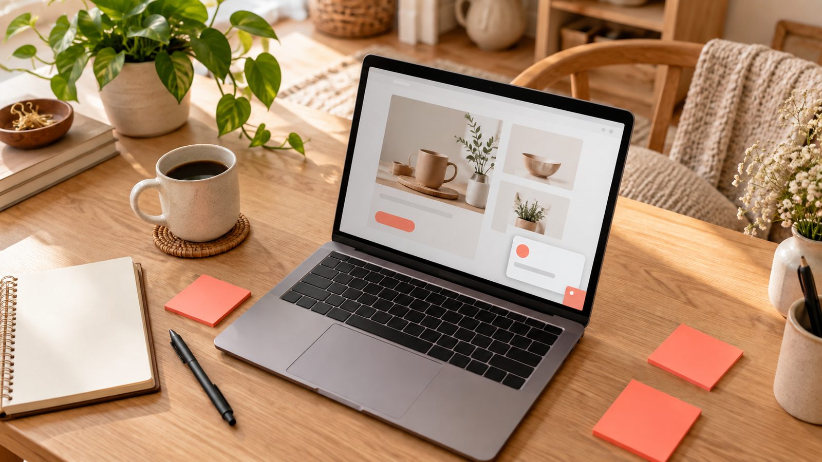 Laptop z widżetem czatu w rogu ekranu, wokół koralowe karteczki samoprzylepne i kawa