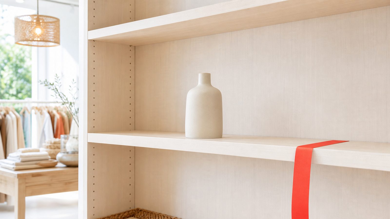 An empty spot on a warehouse shelf between boxes