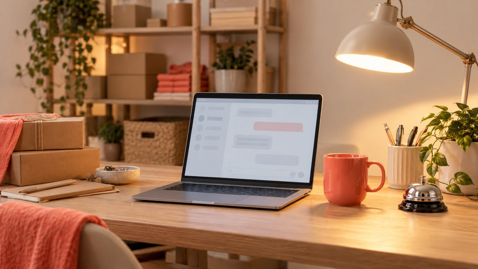 Evening desk in a small shop: laptop with a chat window, a reception bell and a coral mug