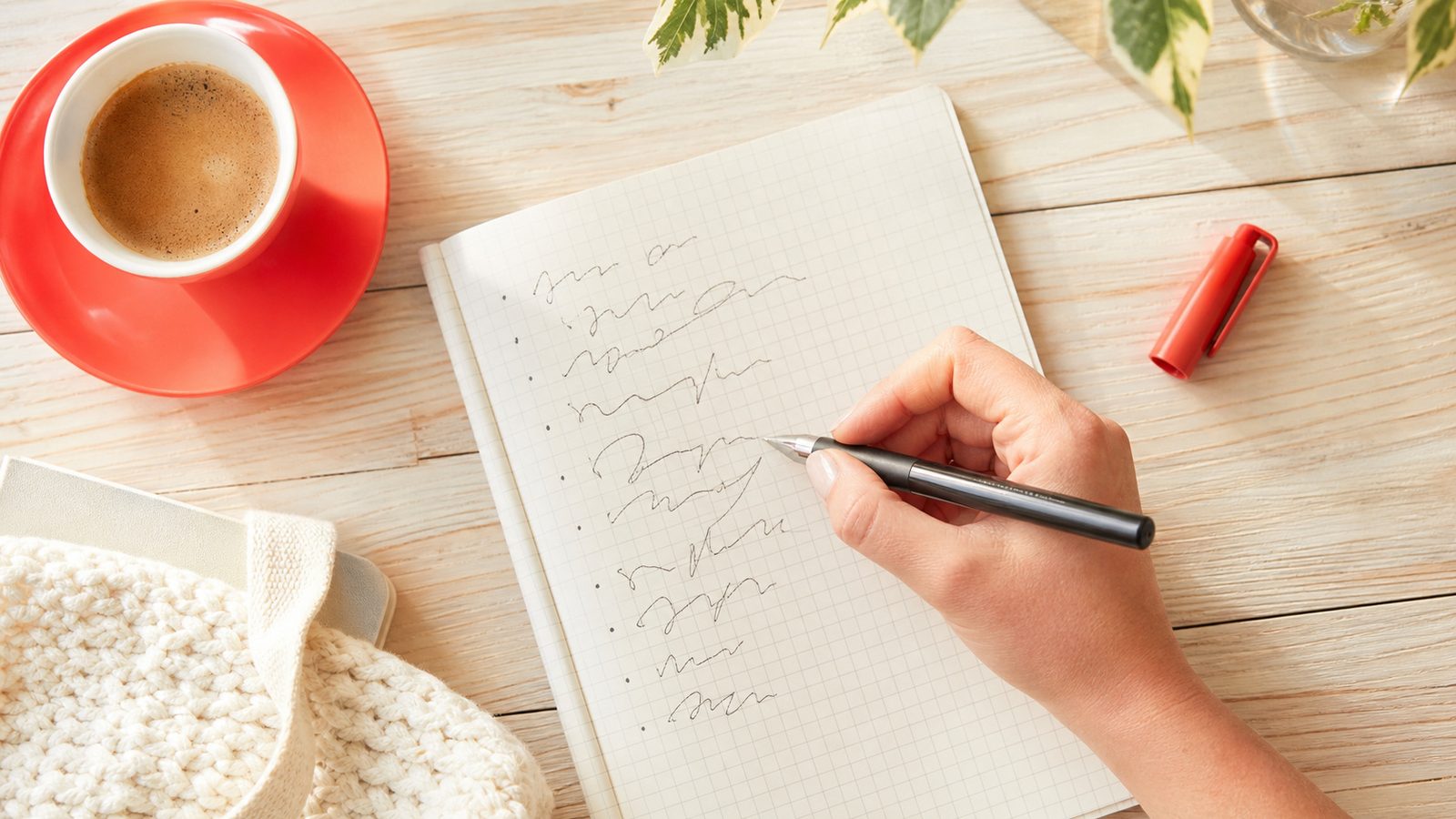 A notebook with a list of questions next to a cup of coffee