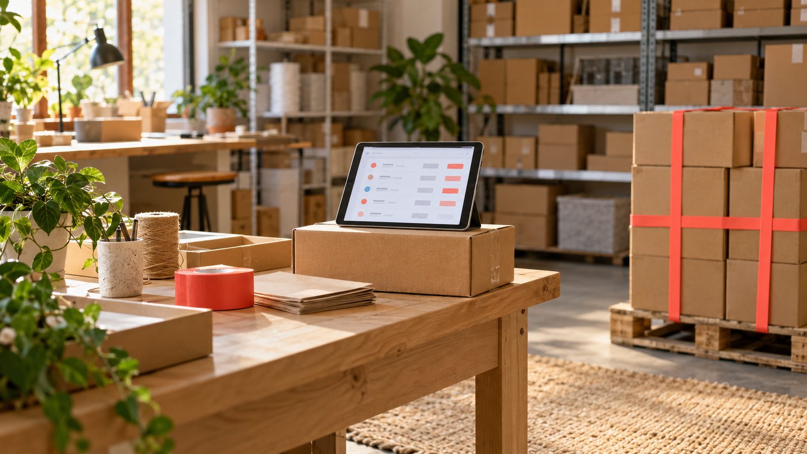 Small wholesale warehouse: shelves of boxes, a tablet with an order list and a pallet strapped with coral tape