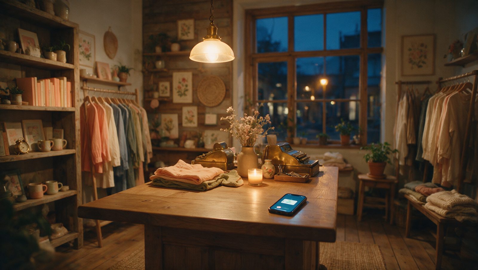 A customer browsing an online store on her phone in the evening